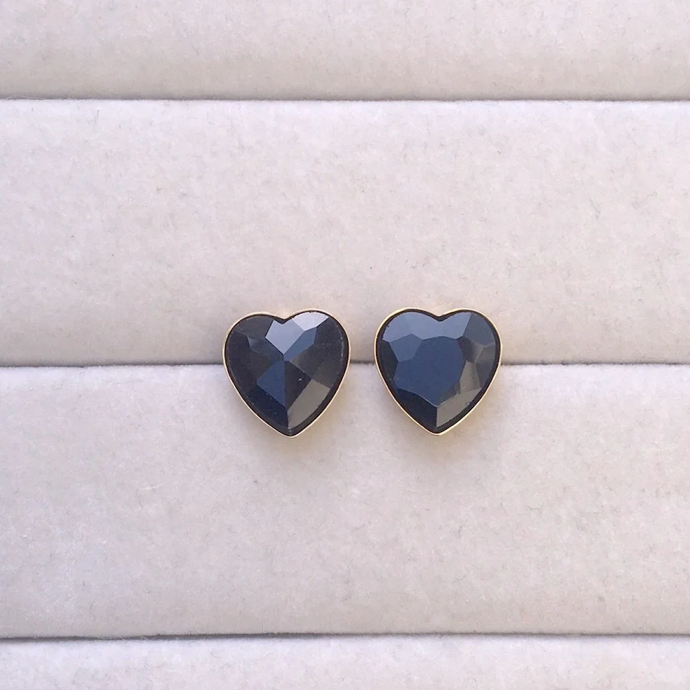 Onyx Jet Black + Gold Crystal Heart Earrings